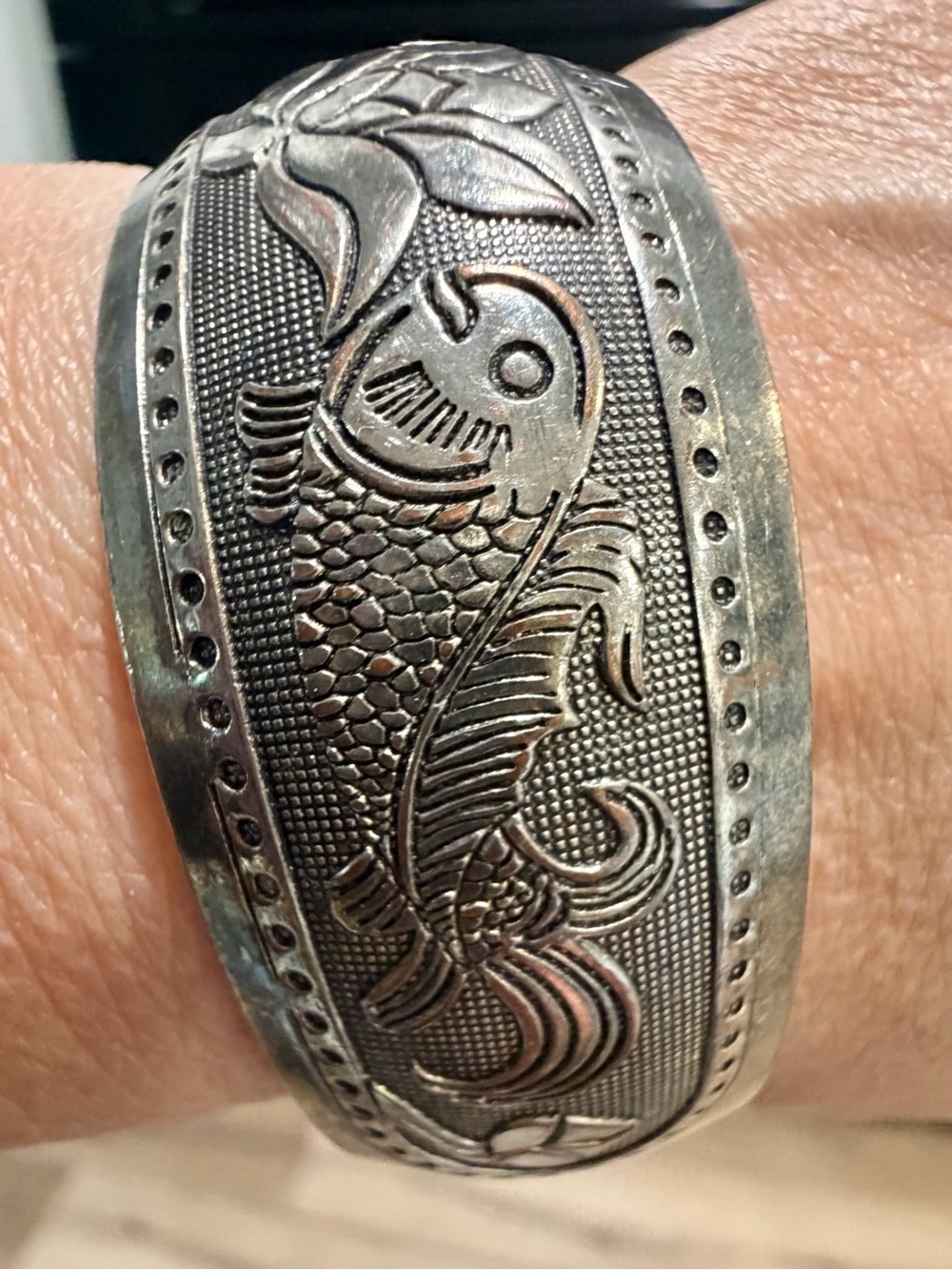 Vintage Chinese Wen Yin Fine Silver Lotus Koi Fish Cuff Bangle | Miao Stamp 32g